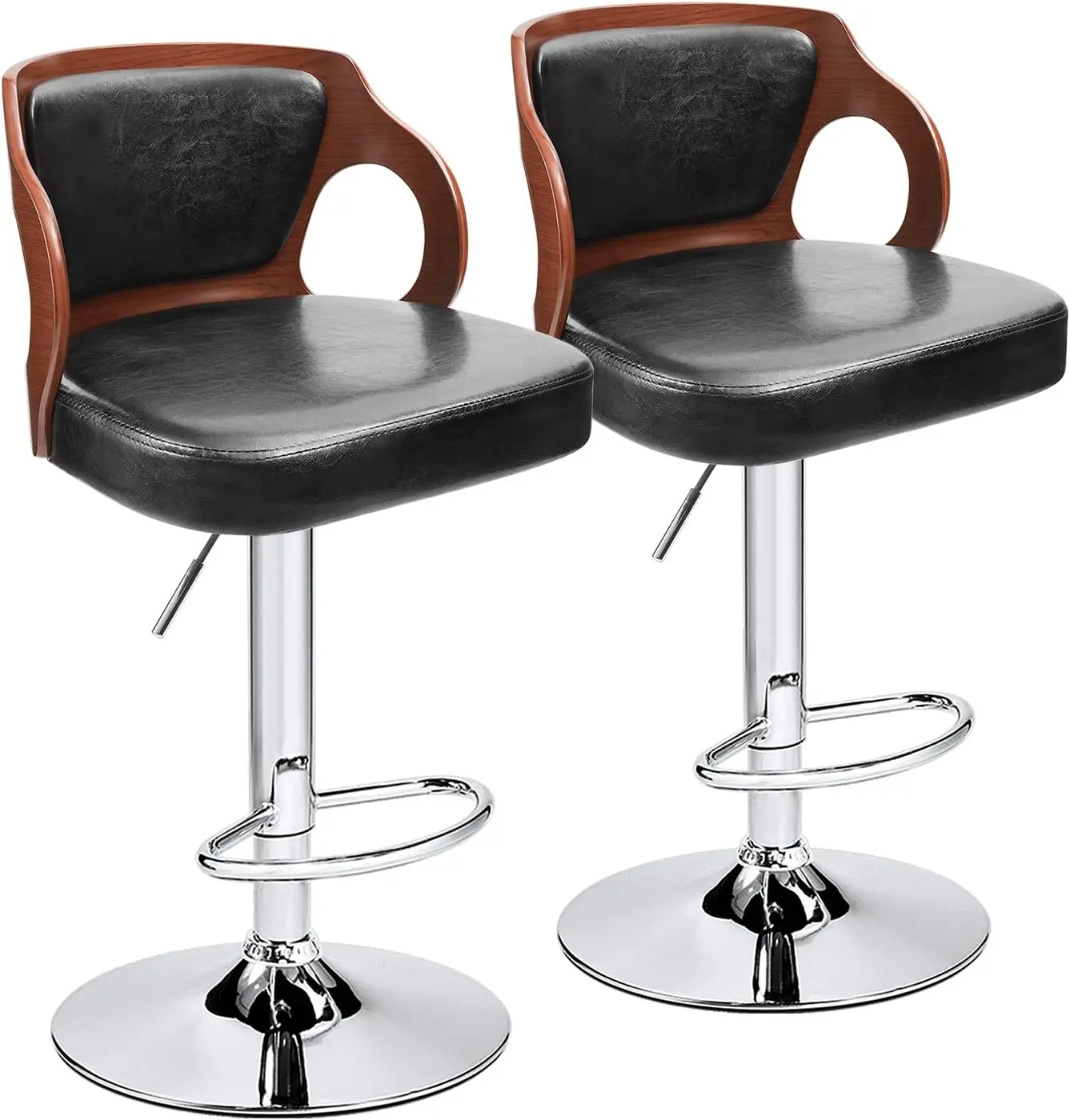 Bar Stools Walnut Bentwood Adjustable Height Leather Modern Barstools with Back Vinyl Seat Extremely Comfy Bar Stools 2 Piece