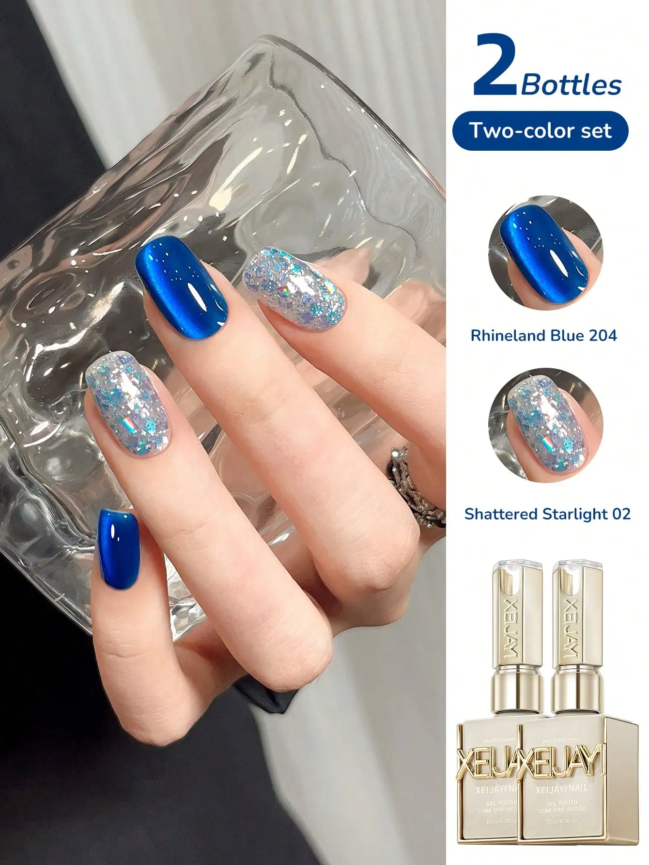 

XEJAYI 2Pcs 15ml Blue Cat Eye Gel Nail Polish Set,UV LED Soaking Nail Gel, Semi-Permanent, DIY Salon Quality Nail Art Gel
