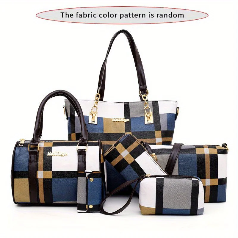 

6pcs/set Large Capacity Shoulder Bag with Checkered Pattern and Multiple Functions Handbag, Crossbody Bag, Clutch Bag, Wallet