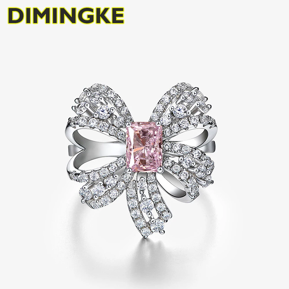 

DIMINGKE S925 Silver Pink Diamond Bowknot Ring for Women Fine Jewelry Wedding Party Anniversary Gift