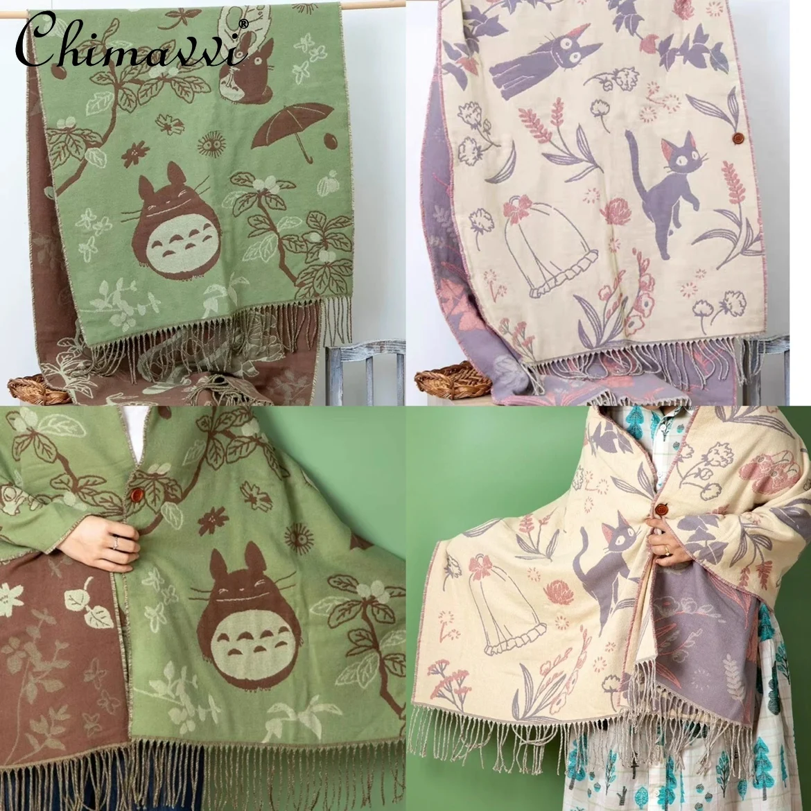 Japanese Scarf Cute Cartoon Scarf Shawl Women Versatile Thickened Warm Double-sided Winter Button Scarves Girl Dual-purpose