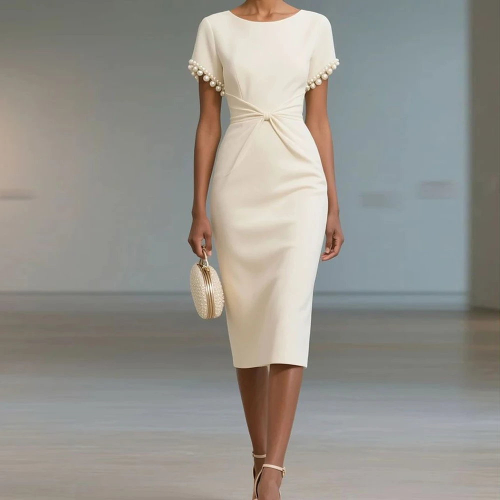 Classic Mother of the Bride Dresses for Wedding Jearls Elegant Peom Dress for Women O Neck Midi Formal Evening Party Gowns