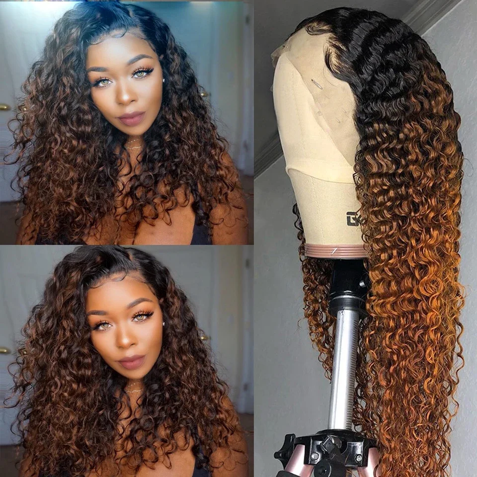 Kinky Curly Lace Front Wig para mulheres negras, Long Ombre, loira, marrom, cabelo do bebê, resistente ao calor, pré-arrancadas, sem cola, 180 Densidade, 26in