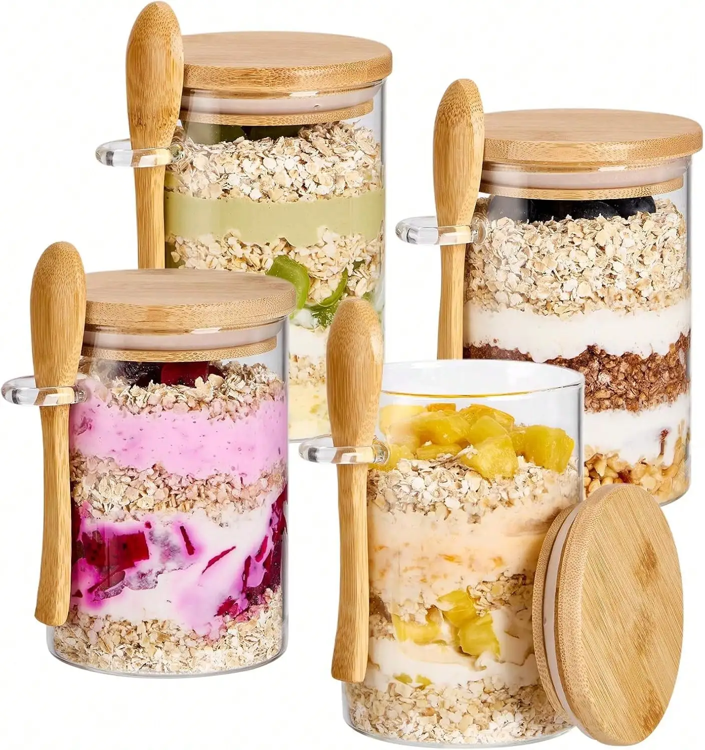 

Overnight Oats Containers With Lids,4 Pack 18oz Overnight Oats Jars With Spoons,Salad Meal Prep Jar With Bamboo Lids For Chia Seed Pudding Salad Cereal Coffee Flour,Sourdough Starter Jar For Bread.
