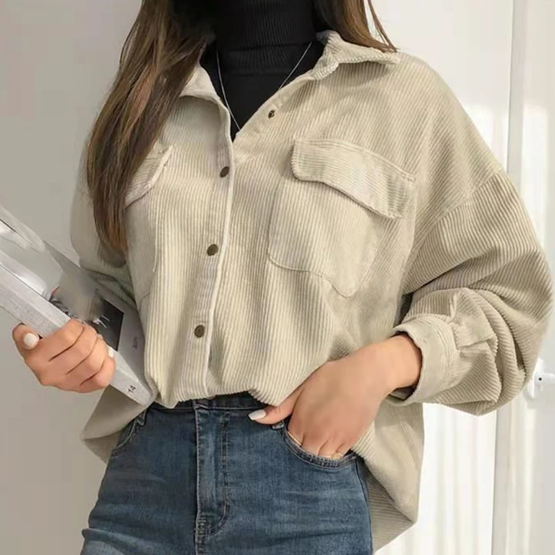 Autumn Vintage Corduroy Shirt Women Bf Korean Loose Solid All Match Jackets Harajuku Single Breasted Double Pocket Casual Coats