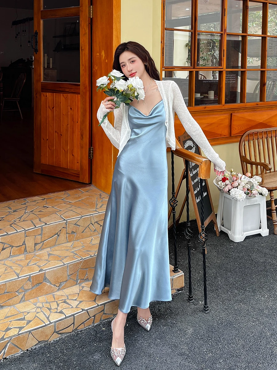 Frauen Sommer Sexy Schwingen Kragen Acetat Langes Kleid Dame Elegante Einfarbig Elegante Ärmellose Party Urlaub Kleid