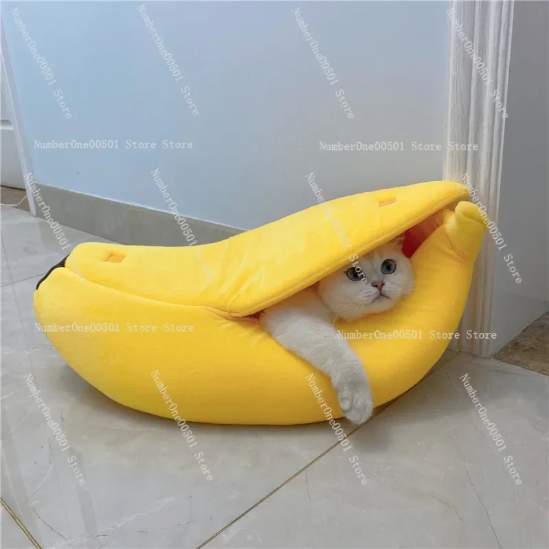 Closed Four Seasons Banana Cat Nest Banana Boat Kennel Pet Teddy Bi Bear Warm Sleeping Bag Creative Fruit Cat Bed