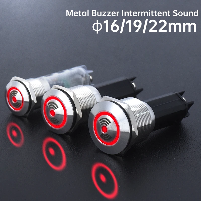 16 19 22mm Metal Buzzer Flash LED Alarm Indicator Red  Intermittent Sound  12V 24V Stainless steel shell