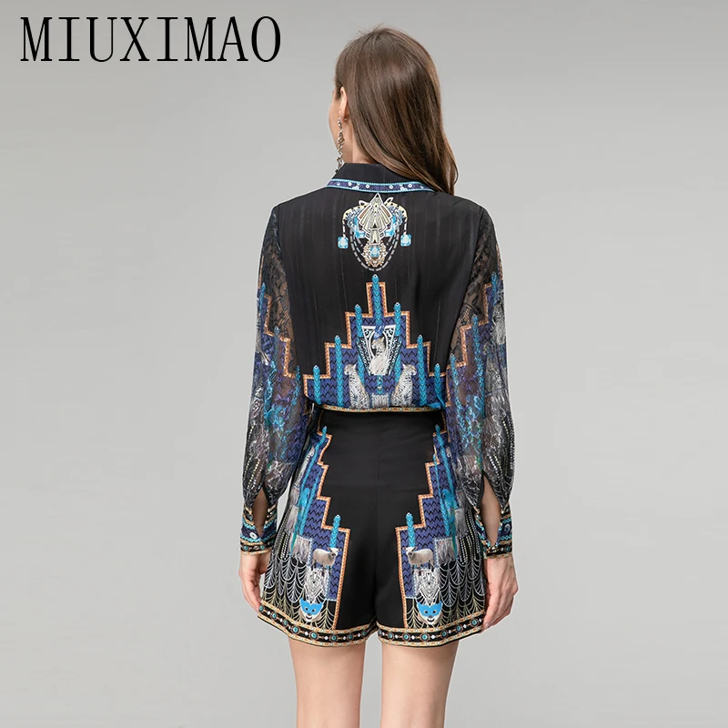 MIUXIMAO-Conjunto elegante de primavera y verano para mujer, camisa de manga larga con estampado de solapa y pantalón corto, moda de dos piezas, 2023