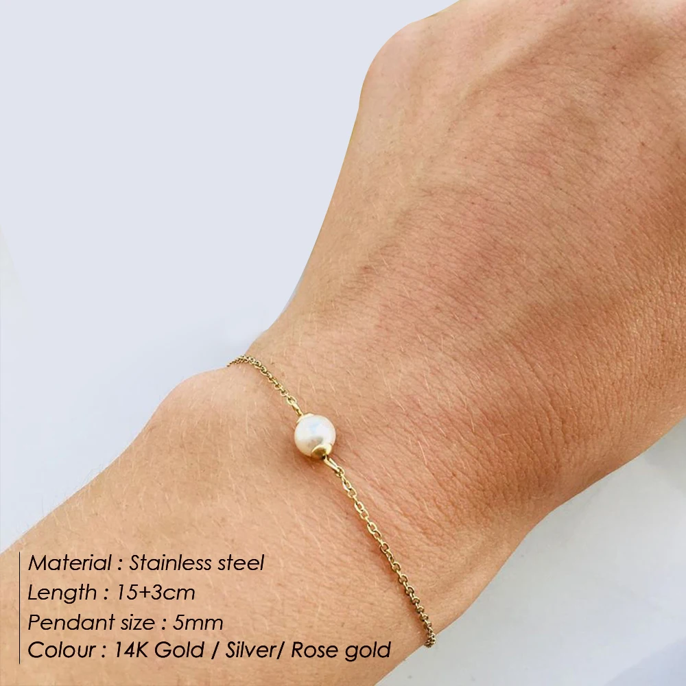 SUNIBI Stainless Steel Double Layer Bracelet for Women Gold Color Thin Link Chain Faux Pearl Pendant Dainty Bracelet Jewelry