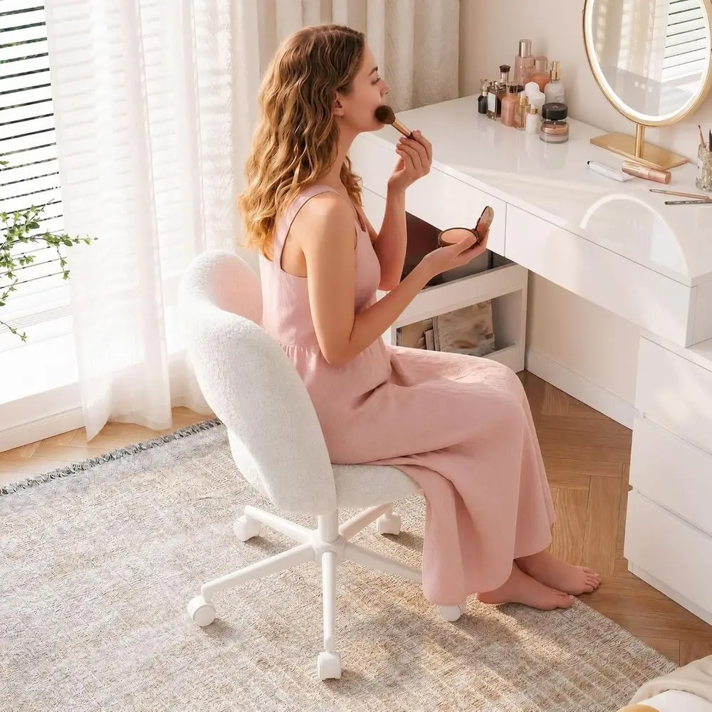 Vanity Chair with Open Back & Wheels, luy Teddy abric,Arml, Height Adjustable,300lbs or Makeup Room, Bedroom,Cream - view 6