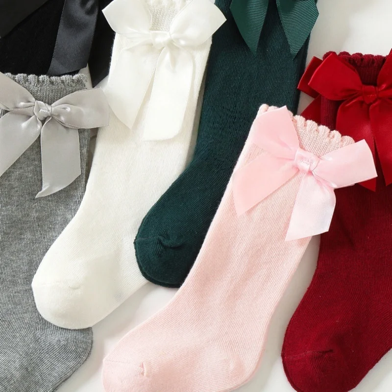2026 Autumn Winter 0-5Y Baby Girls Big Bow Knee High Socks Ruffle Trim Spanish Style Stocking Sweet Toddler Mid-Calf Socks