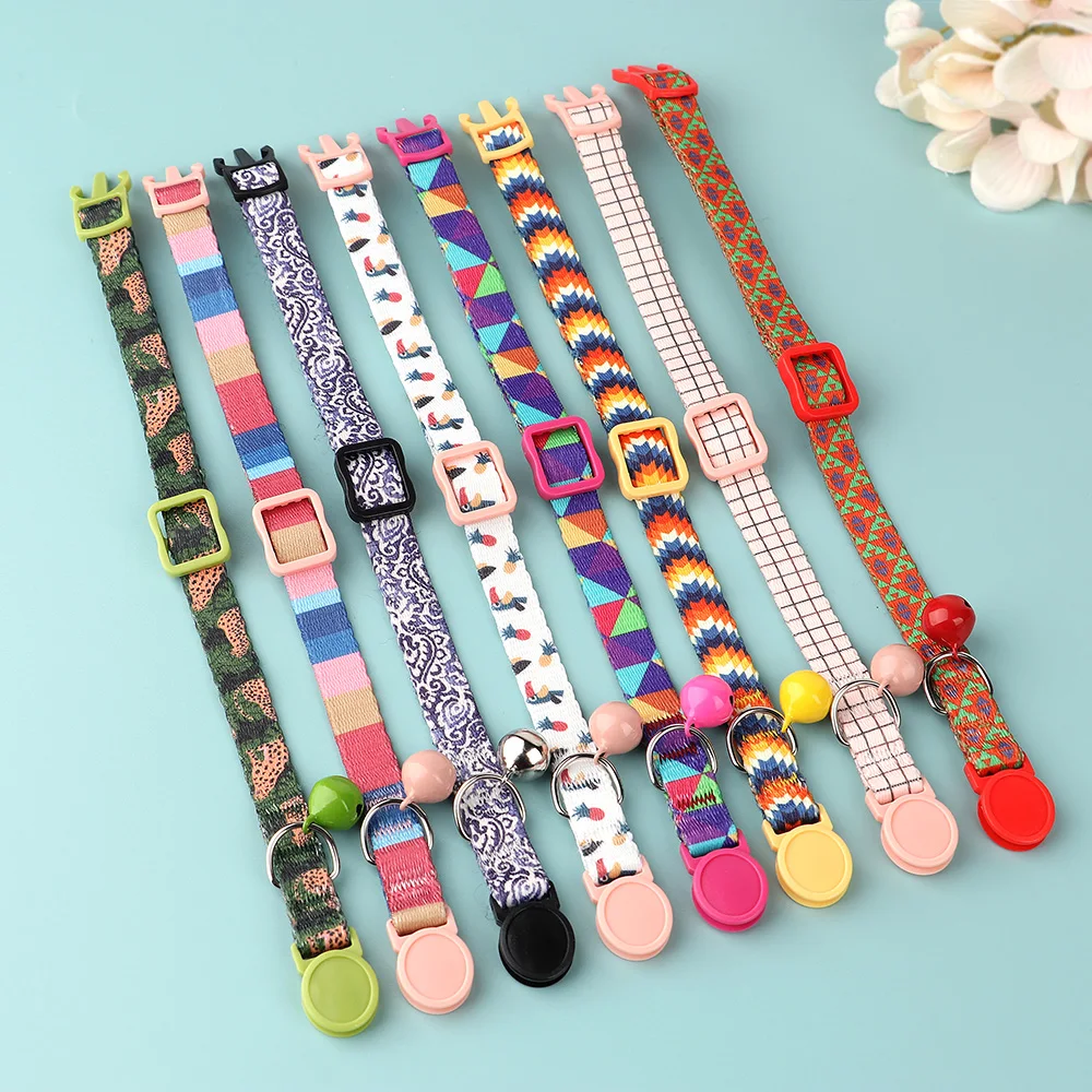 Nylon Cat Collar Quick Release Cat Collars Safety Kitten Puppy Collars Print Necklace With Bell Adjustable Cats Accessories