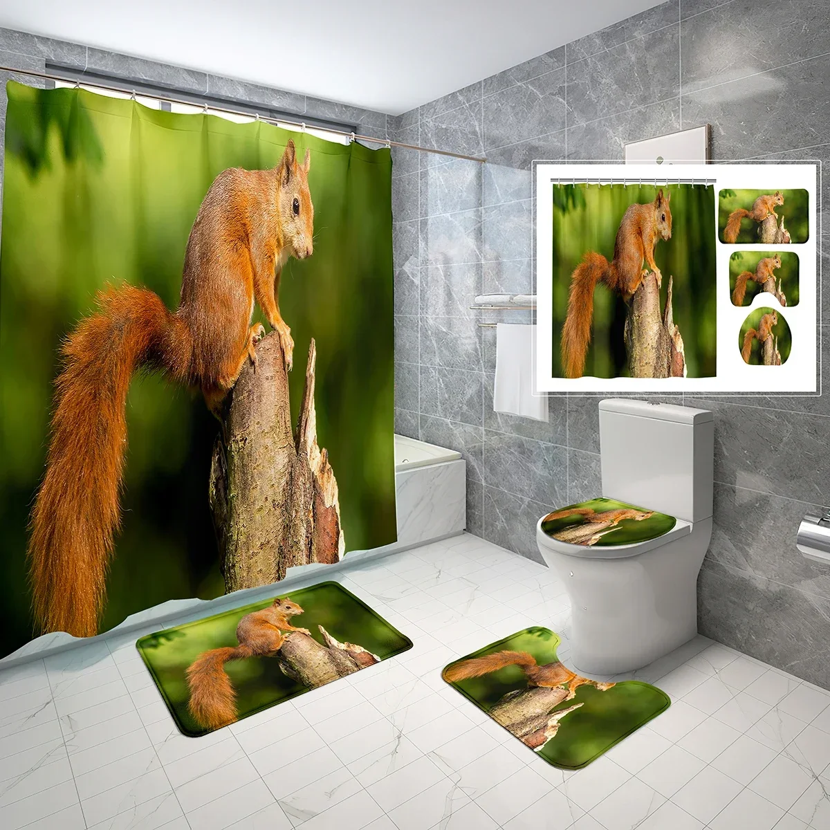 

4 Pcs Squirrel Shower Curtain Set Cute Autumn Animals Shower Curtain Bathroom Non-Slip Bath Mat Toilet Cover Shower Curtain Set