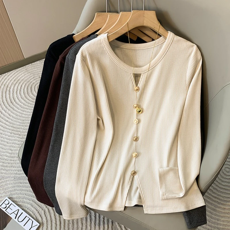 

ZJAISS 2025 Women Plus Size Sweater Autumn Winter O-Neck Hollow-Out Single-Breasted Pullovers Split Hem Knit LongSleeve Top