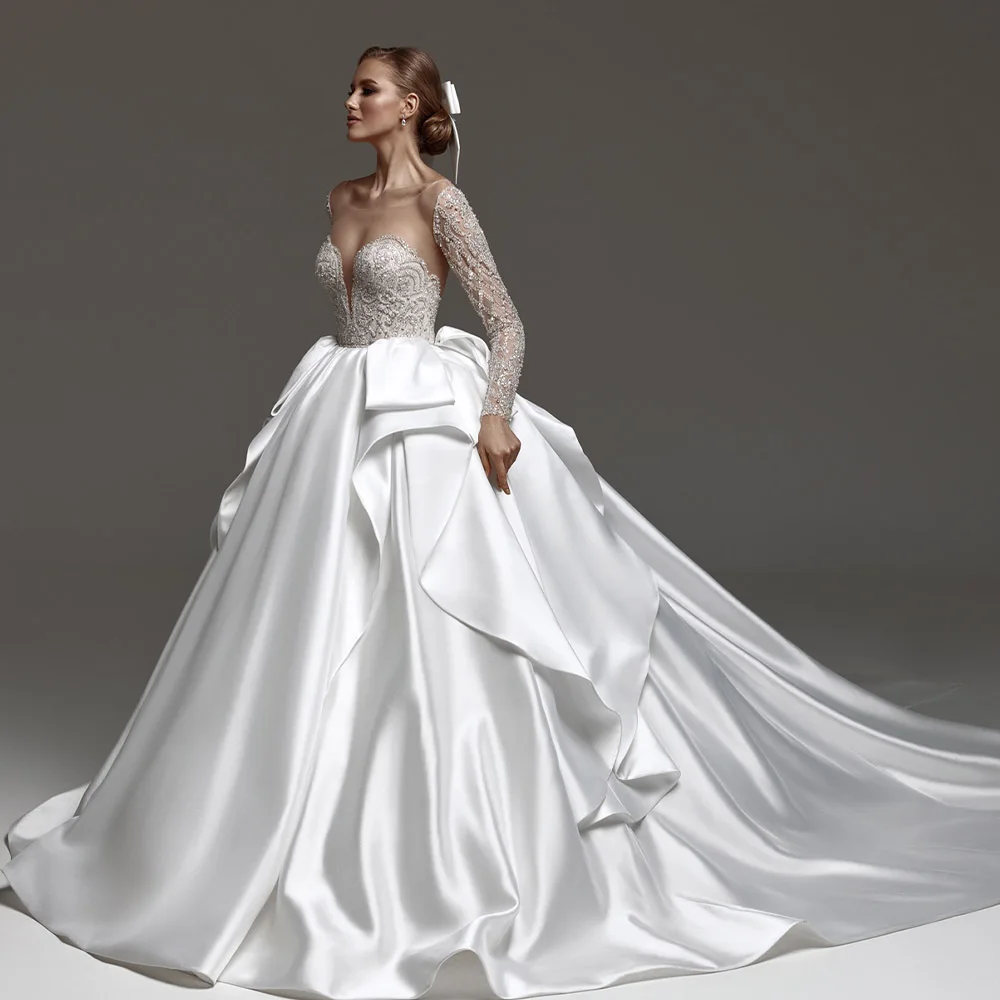 

Stunning Long Sleeves Sweetheart Satin Ball Grown Wedding Drsses Tiered Sweep Train Custom Made 2025 Rode De Morrie