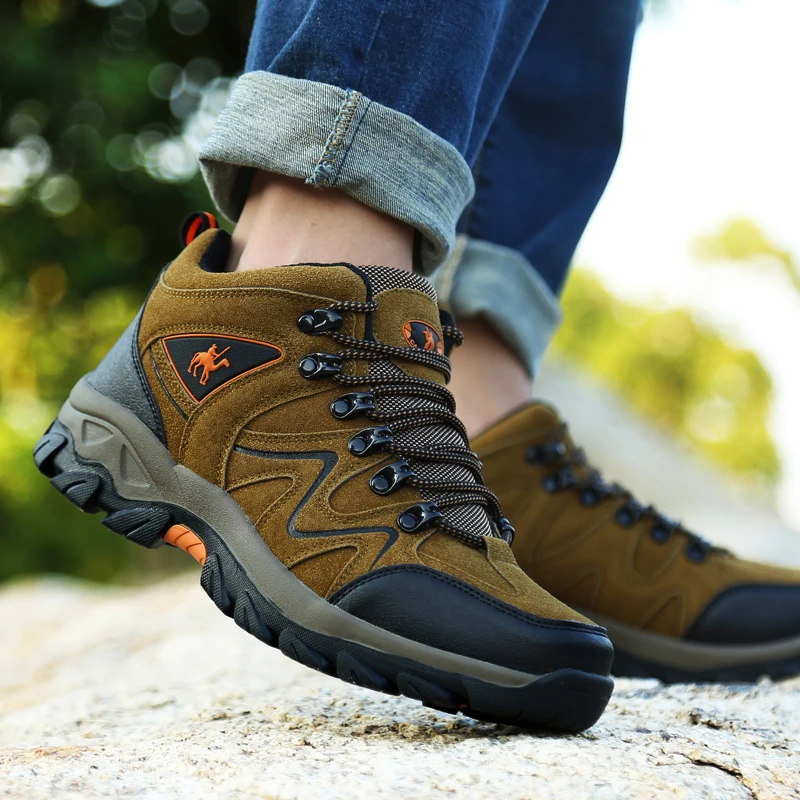 HIKEUP Leather Men Hiking Shoes Tourist Trekking Sneakers Mountain Climbing Boots Trail Jogging Outdoor Shoes For Men