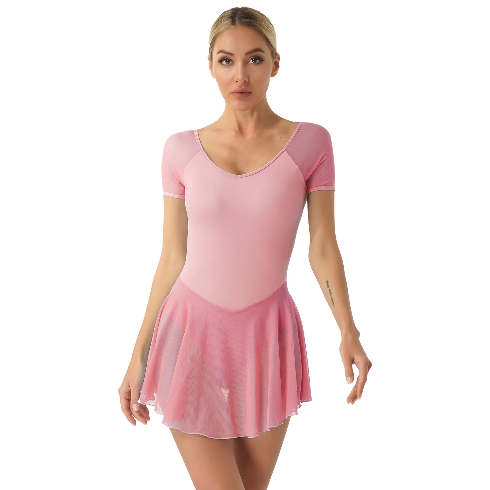 

Women's Mesh Ballet Dance Dress V-Neck Lyriacl Dance Dress Backless Gymnastics Skating Leotard Dress Performances Dancewear