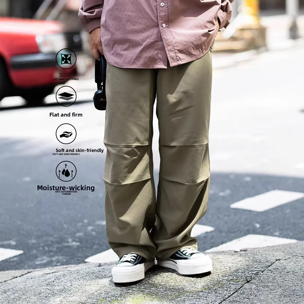 

Anti-Wrinkle Men's Casual Pants Straight Leg Loose Fit Workwear Trousers Low Waist Fibre Blend Fabric Youth Summer Military G...