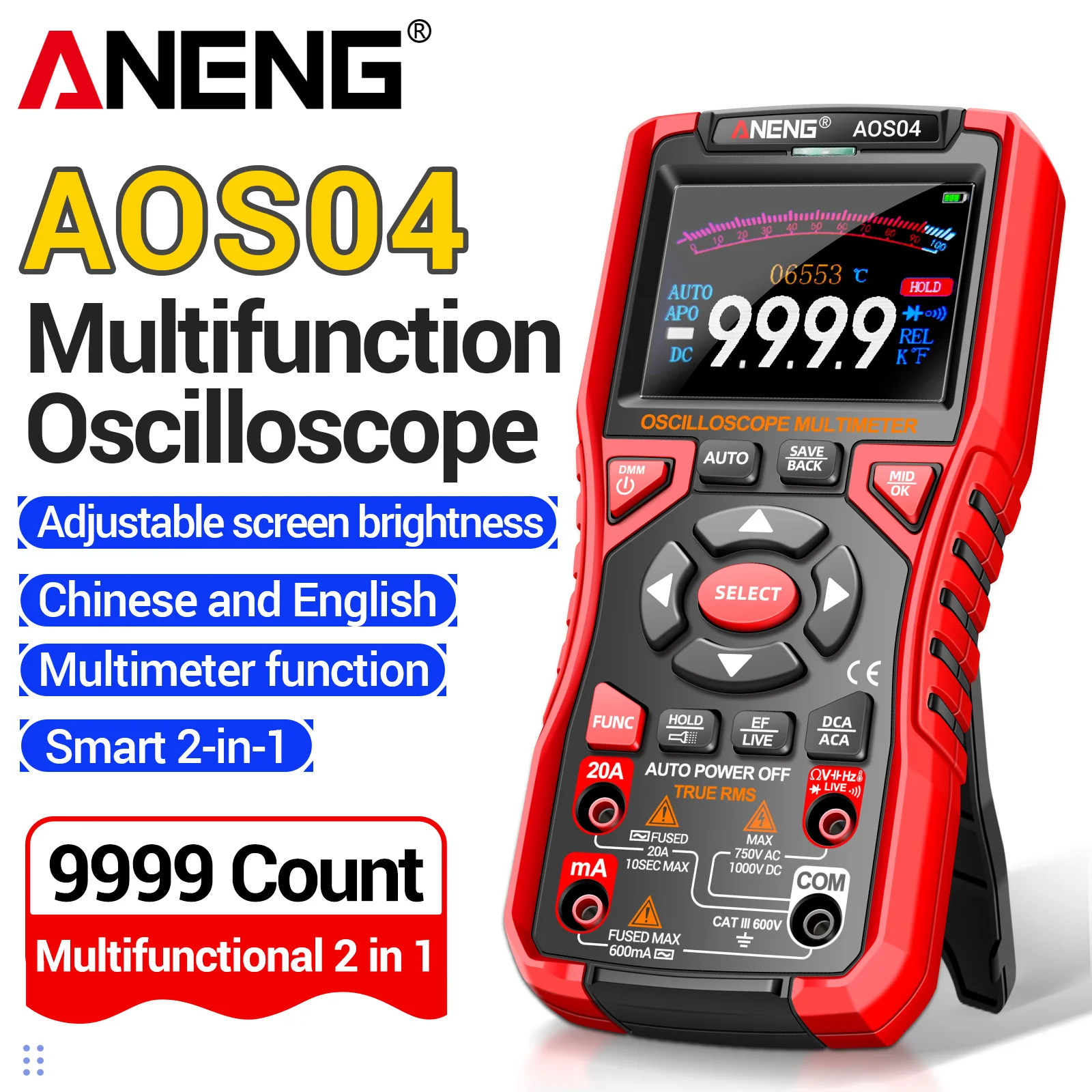 ANENG AOS04 2In1 Oscilloscope Multimeter 10MHz 50MSa/s NCV Temp Waveform Storage USB Charging Circuit Debug Repair Test Tool