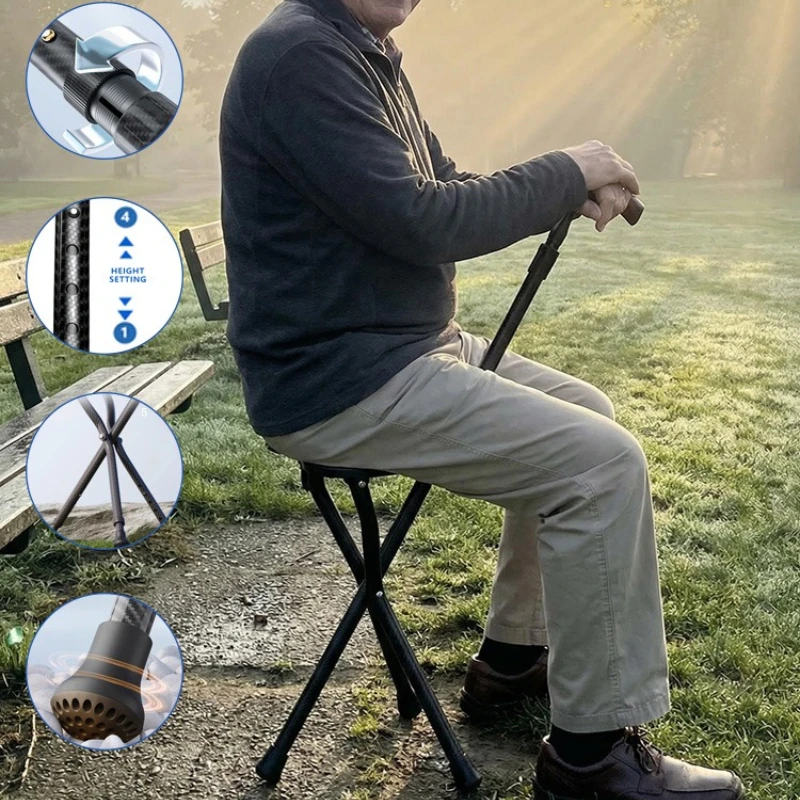 4 Levels Adjustable 45cm Carbon Fiber Walking Cane with Seat Solid Wood Handle Foldable Walking Chair for Elderly Outdoor Help
