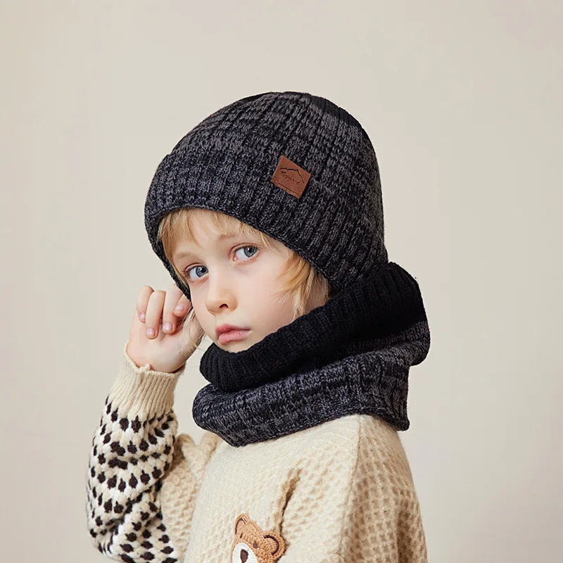 Ensemble bonnet écharpe et gants pour enfants, bonnet en fil de laine, bonnet tricoté à rayures, doublure sourire, garçons et filles, garde au