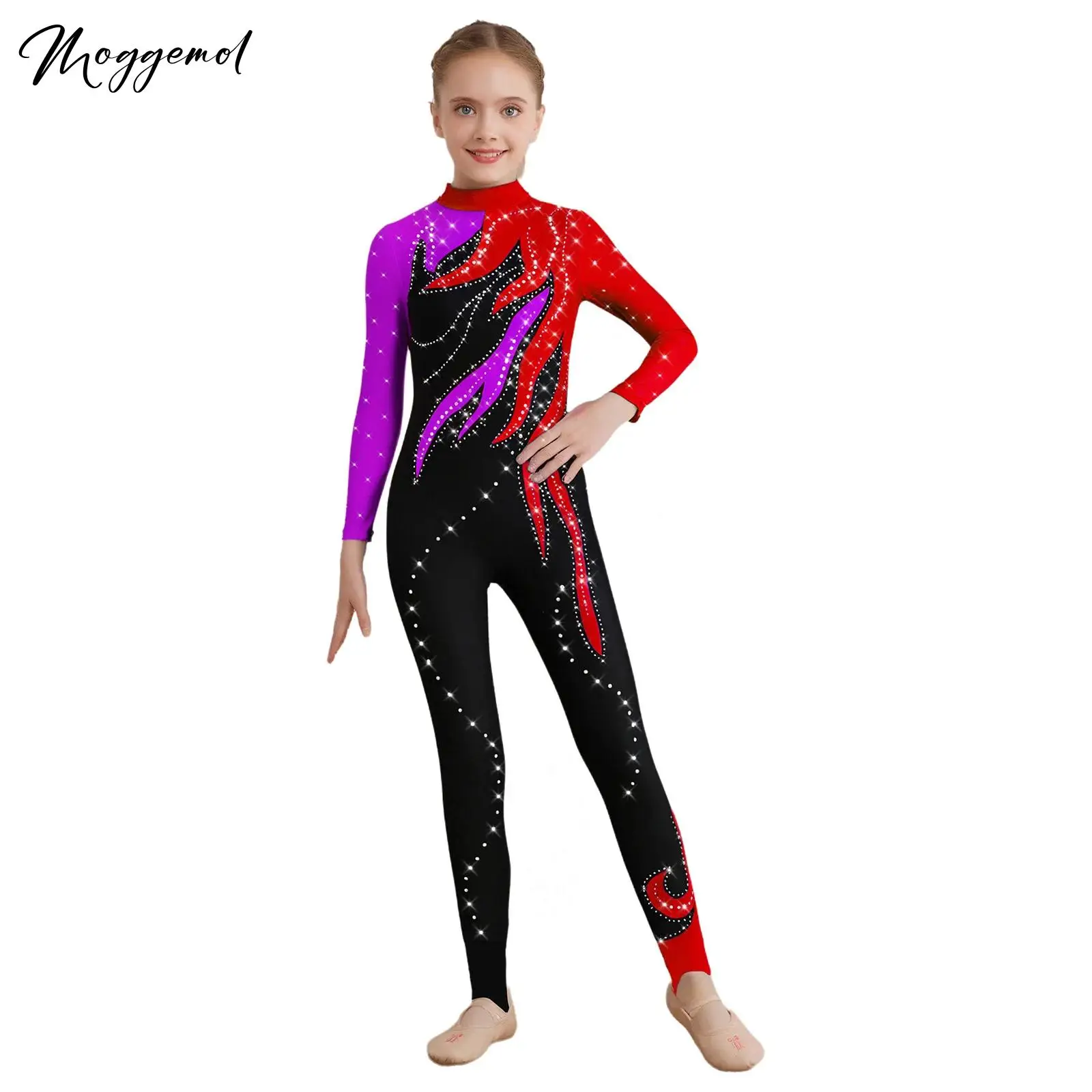 Meisjes Kunstschaatsen Gymnastiek Jumpsuit Mock Hals Lange Mouw Glanzende Steentjes Gymnastiek Romper Artistieke Full Body Unitard