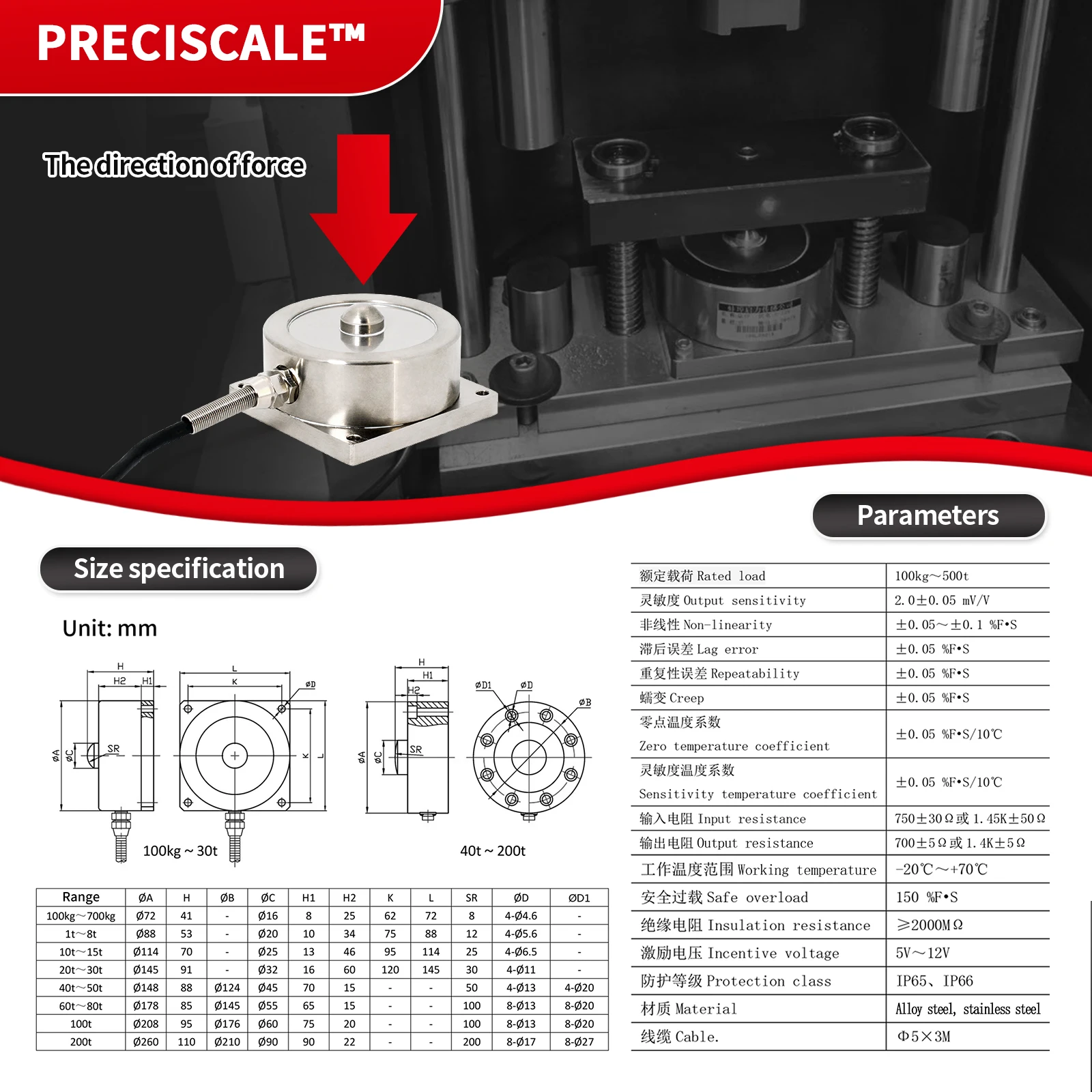 Preciscale Spoke Load Cell Sensor Test Tension and Compression Force for Electronic Scale IP65 is water and dust resistant 200KG