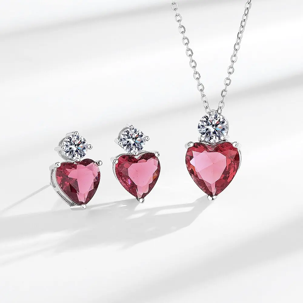

Luxury 925 sterling silver colored zircon heart earrings female niche exquisite ring necklace earring jewelry set