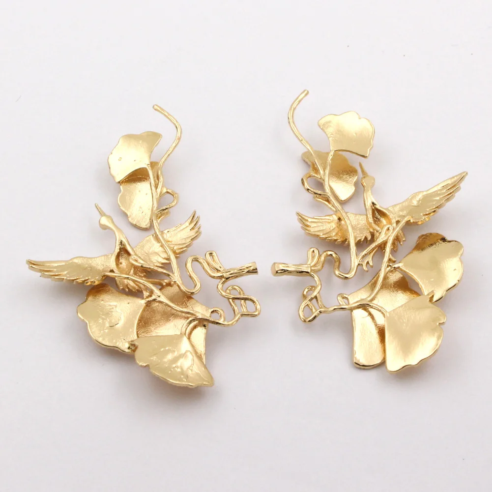 3pair Quality Brass Casted Ginkgo Biloba Leaves Branches Pendants Red-Crowned Crane Stamping Decoration DIY Jewelry Accessories