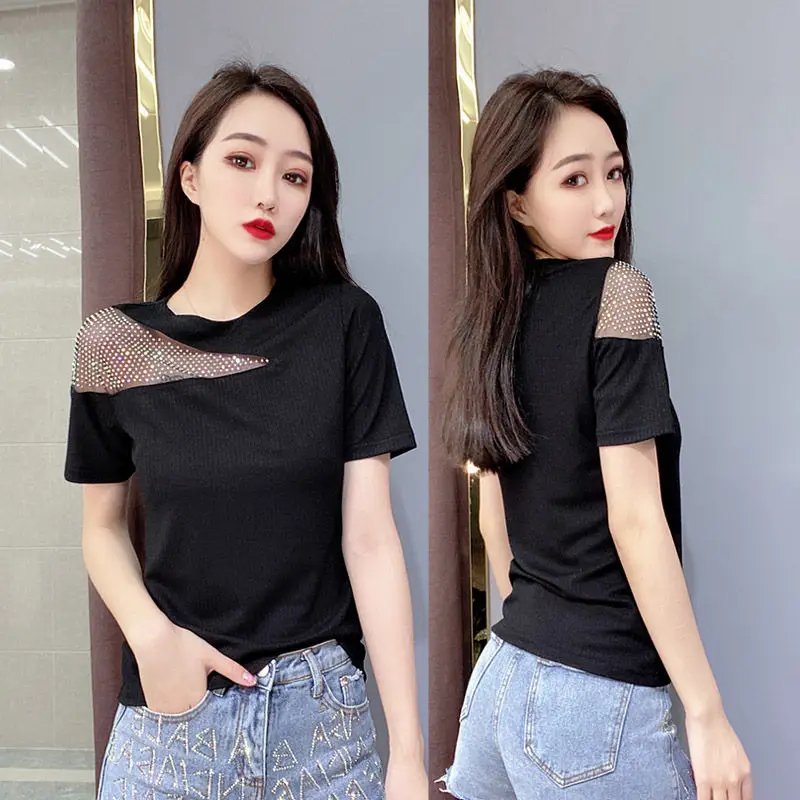 Hot drilling Short T-shirt 2022 New Summer Women Sexy Lace Dew Shoulder Short Sleeves T Shirt Female Fashion O-Neck  Tee Top