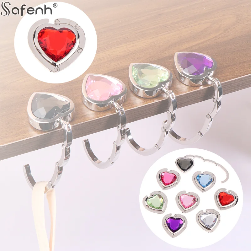 1PC Portable Heart Shaped Folding Crystal Handbag Hook Bag Hanger Foldable Table Hook Organizer Table Side Hooks Bag Accessories