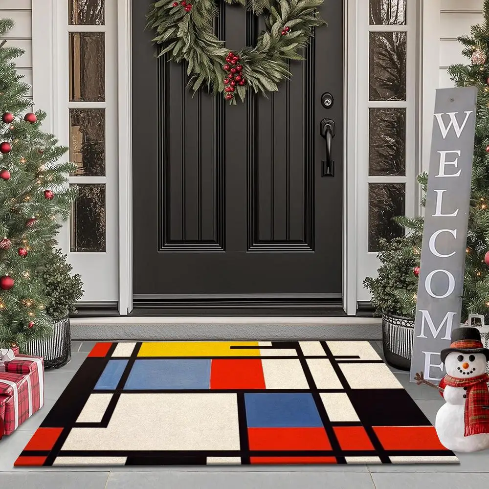 Bodenmatte mit abstraktem Mondrian-Print, Flanell-Teppiche, weiche Winter-Wärme-Bodenmatte, verdickt, rutschfest, für Wohnzimmer, Zuhause, Fußmatte