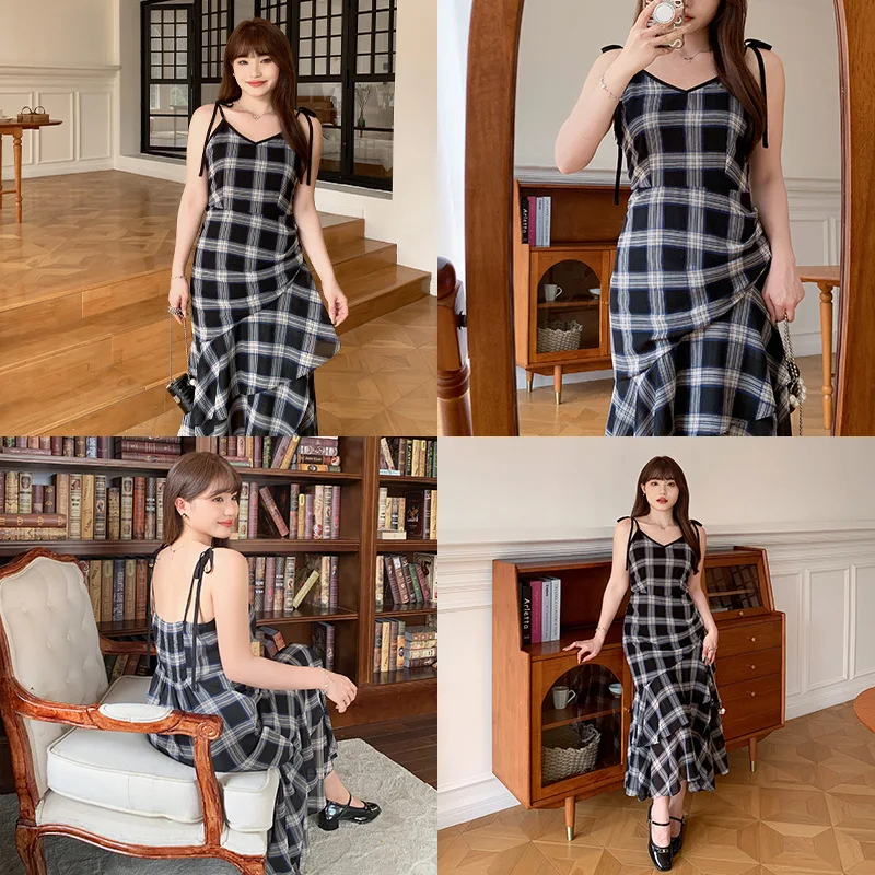 Plaid Pleated Slip Dress Women 2024 Plus-size Temperament Irregular Slip Dress