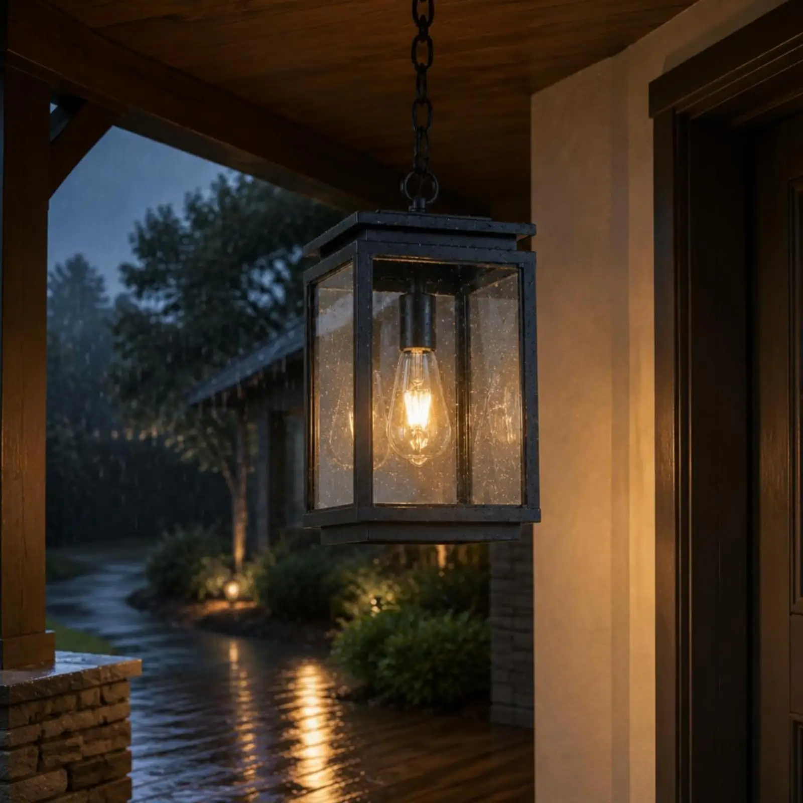 Outdoor Hanging Lantern Minimalist Outdoor Hanging Porch Light Clear Glass Rectangular Lantern Lamp for Porches, Entryways,