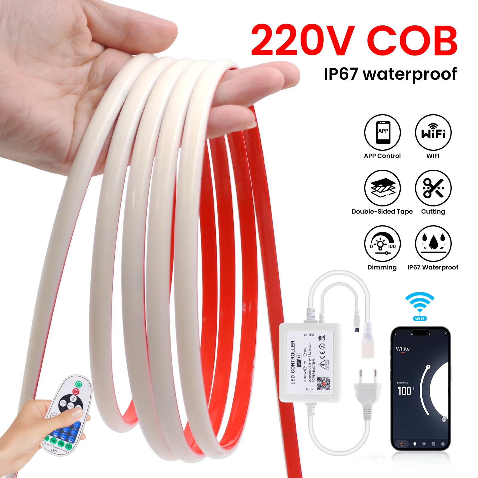 WiFi 23Key Remote COB LED Neon Strip Light Waterproof 220V With EU UK AU Plug 3000K 4000K 6000K Flex Tape 288LEDs/m 0.5m 10m 25m