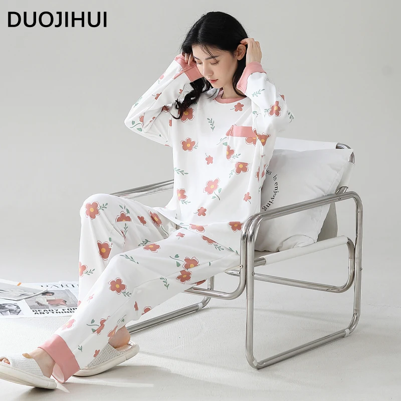 DUOJIHUI-Conjunto de pijama clássico com gola o para mulheres, calça larga básica, estampa simples, bolso, casual, moda feminina, outono