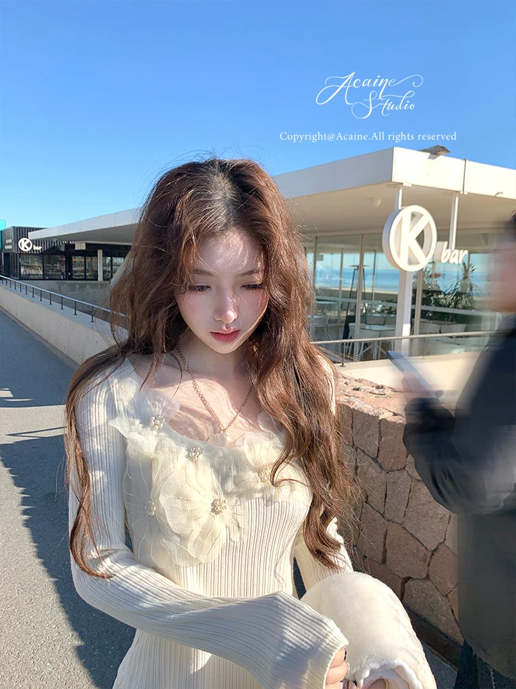 

Acaine Vanilla Pudding в полоску, женский облегающий трикотаж U-Ne с жемчужным цветочным узором, зимний теплый топ Ele Sle Long Sve