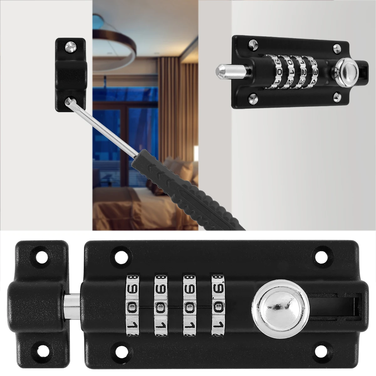 Combination Bolt Lock Stainless Steel 4 Digit Pin Code Door Combination Slide Latch Lock with Screwdriver Keyless Door Security