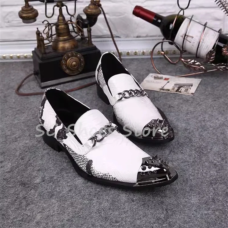 Men's Casual Shoes Genuine Leather Chain Buckle Loafers Mixed Color Snakeskin Pattern Male Outdoor Driving Flats Leather Shoes