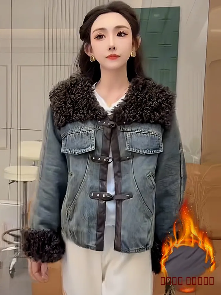 

Новая женская зимняя повседневная утепленная джинсовая куртка на флисовой подкладке с цветными вставками, теплая хлопковая одежда, верхняя одежда в стиле кэжуал