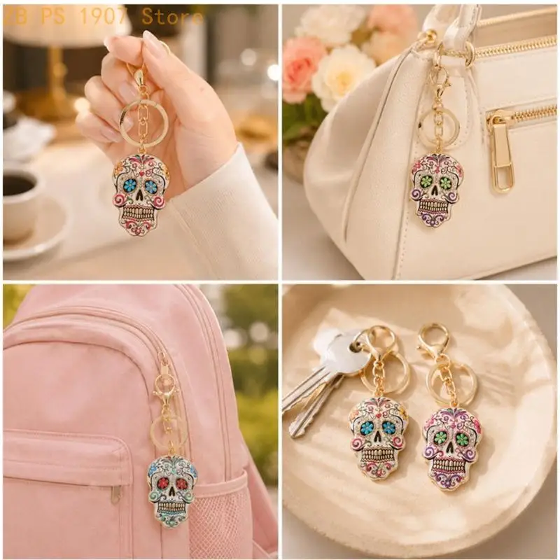 Halloween Skull Keychain Charm with Floral Alloy Detail for Bags 55KA