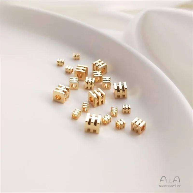 American 14K Gold Color Square Beads, Three-line Square Loose Beads, DIY Bracelet, Necklace String, Jewelry Partition Beads