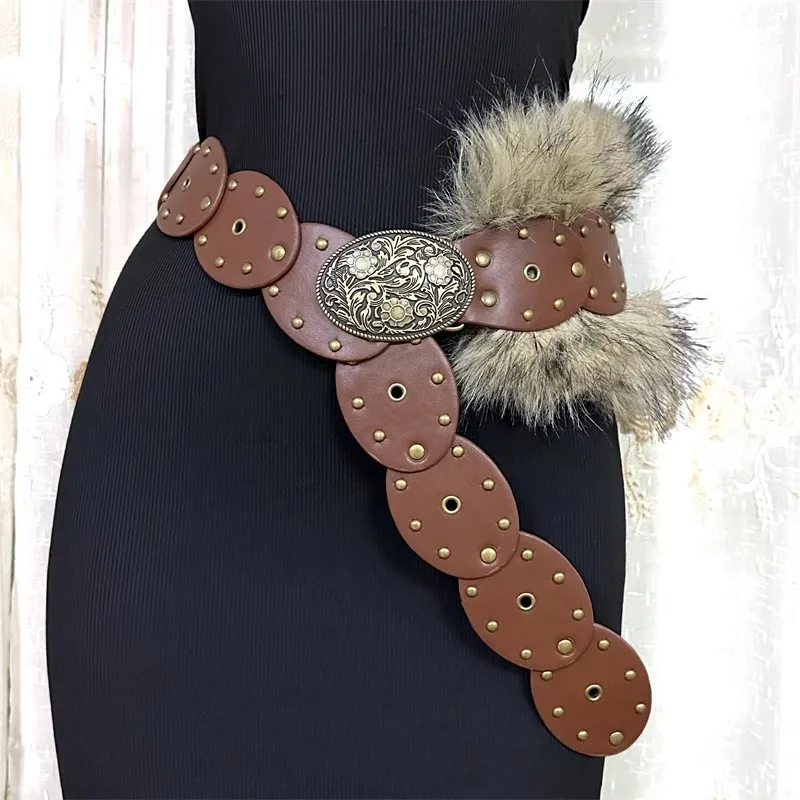 女性のファッションフェイクファーパッチワークリベット Pu レザーコルセット女性カマーバンドコートウエストバンドドレス宣言ワイドベルト J1332