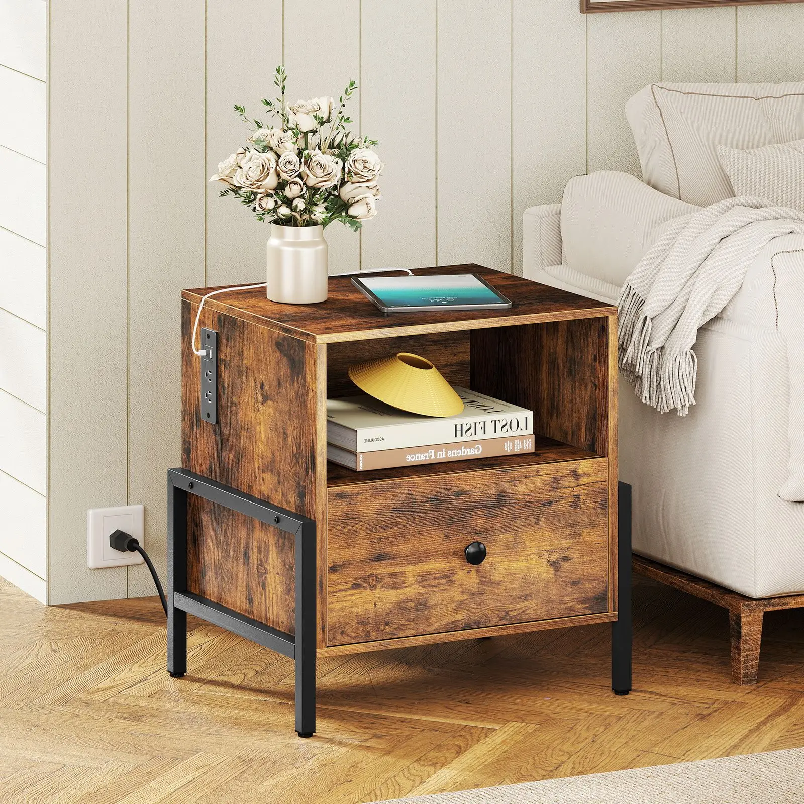 Nightstand with Charging Station and Drawer Sofa Side Table