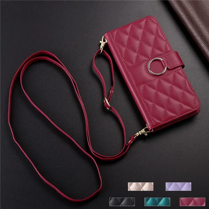 

S24 S23 S22 S21 S20 S10 Ultra Plus FE Long Hanging Rope PU Leather Cover for Samsung Galaxy Note20 Ultra 10 9 8 Flip Wallet Case