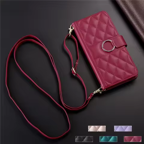 S24 S23 S22 S21 S20 S10 Ultra Plus FE Long Hanging Rope PU Leather Cover for Samsung Galaxy Note20 Ultra 10 9 8 Flip Wallet Case