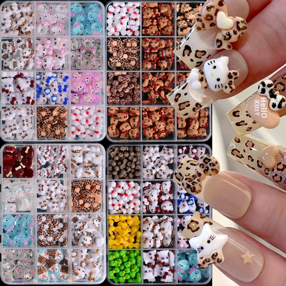 

100-120pcs/Box Mixed Tanning KT Cat/Leopard Print Nail Art Accessories Cute Glasses Hello Kitty Bow Nail Charms Y2K Nail Decor