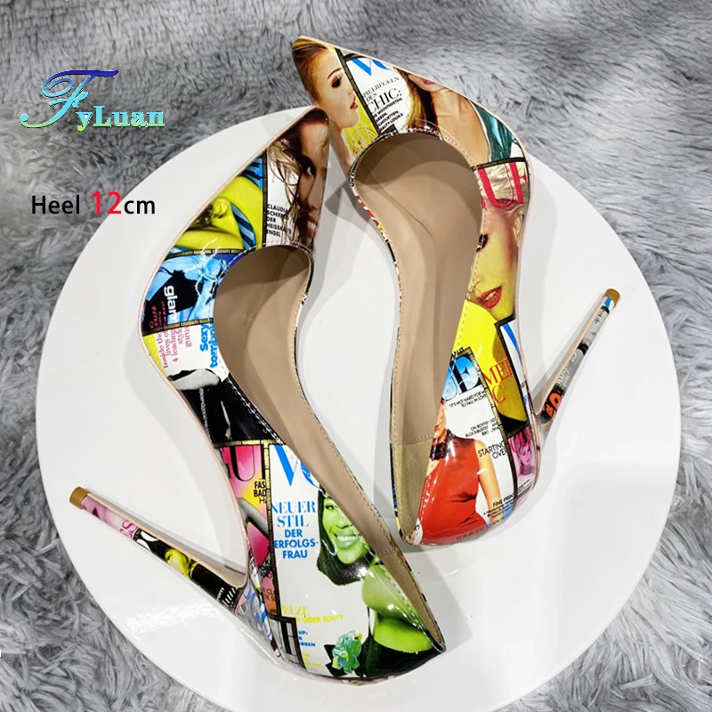 FyLuan Printed Women High Heels Pumps Fashion Poster Letter Pointed toe Party Shoes Outdoors Walking Style Pumps Plus Size 34-45