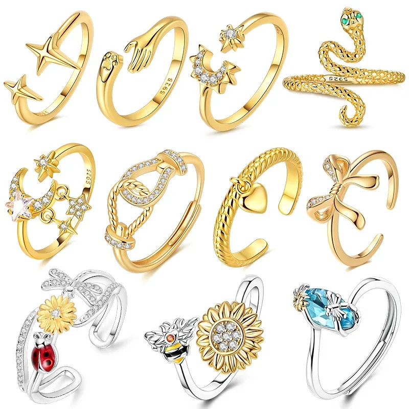 

925 Sterling Silver Golden Series Open Ring Original Star Moon Zircon Wedding Anniversary Gift For Women Jewelry